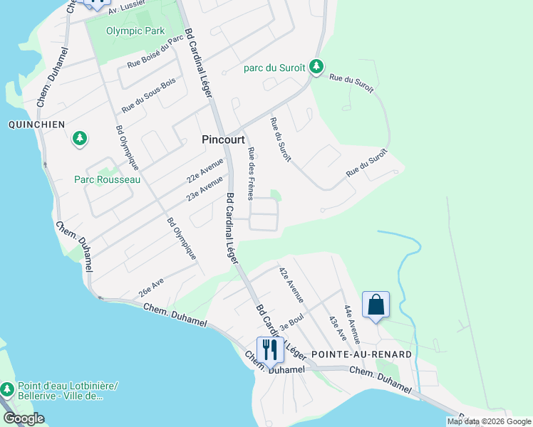 map of restaurants, bars, coffee shops, grocery stores, and more near 208 Rue des Mélèzes in Pincourt