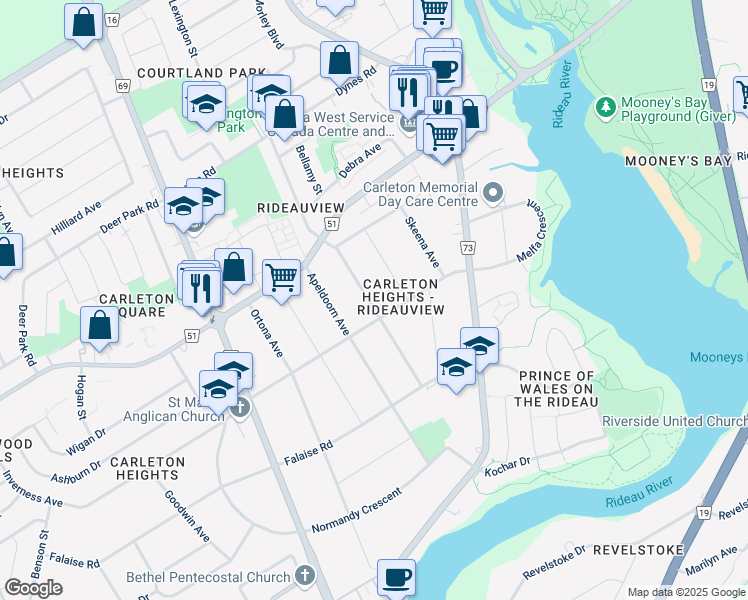 map of restaurants, bars, coffee shops, grocery stores, and more near 1553 Claymor Avenue in Ottawa