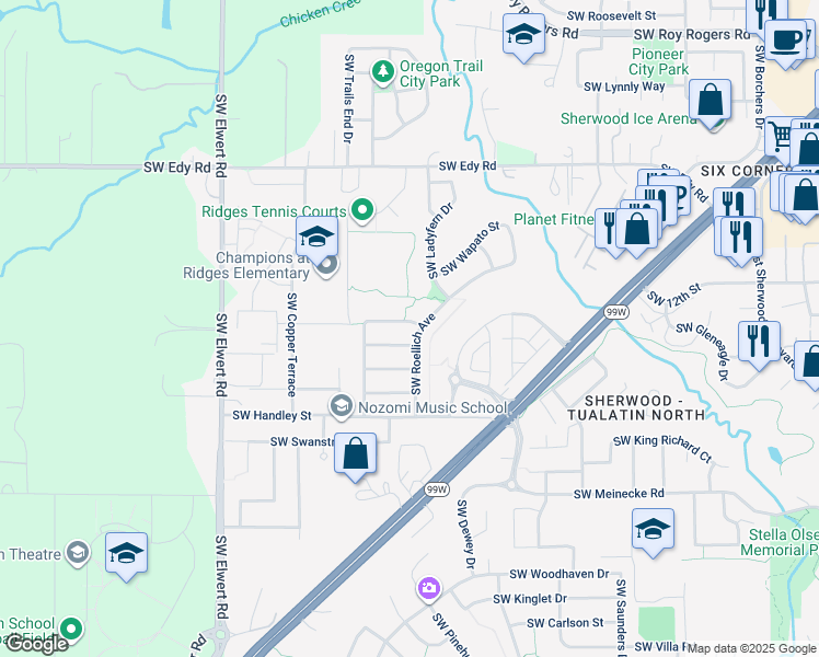 map of restaurants, bars, coffee shops, grocery stores, and more near 17816 Southwest Gillette Lane in Sherwood