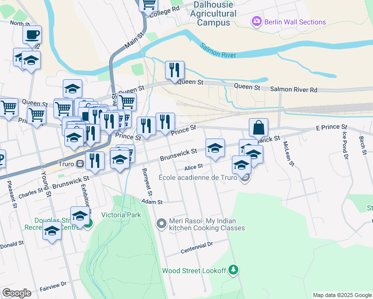 map of restaurants, bars, coffee shops, grocery stores, and more near 192 Brunswick Street in Truro