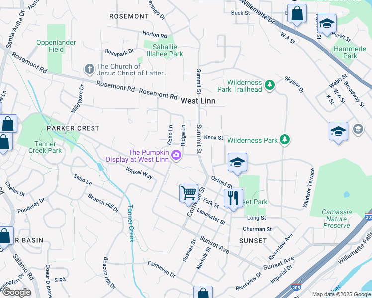map of restaurants, bars, coffee shops, grocery stores, and more near 2721 Ridge Lane in West Linn