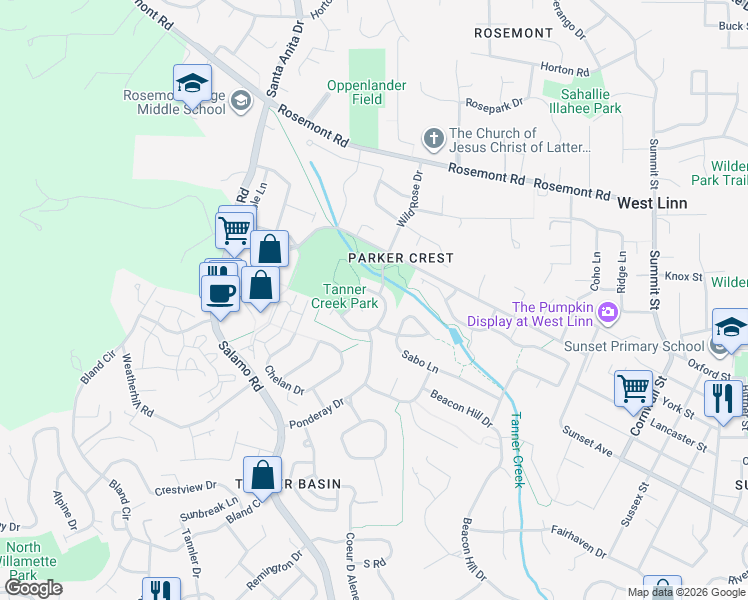 map of restaurants, bars, coffee shops, grocery stores, and more near 3657 Wild Rose Loop in West Linn