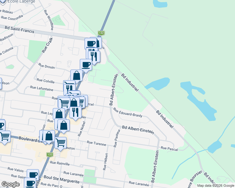 map of restaurants, bars, coffee shops, grocery stores, and more near 129 Rue Stephen-Hawking in Châteauguay