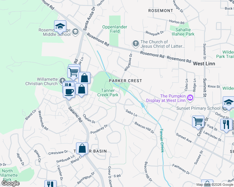map of restaurants, bars, coffee shops, grocery stores, and more near 3657 Wild Rose Loop in West Linn