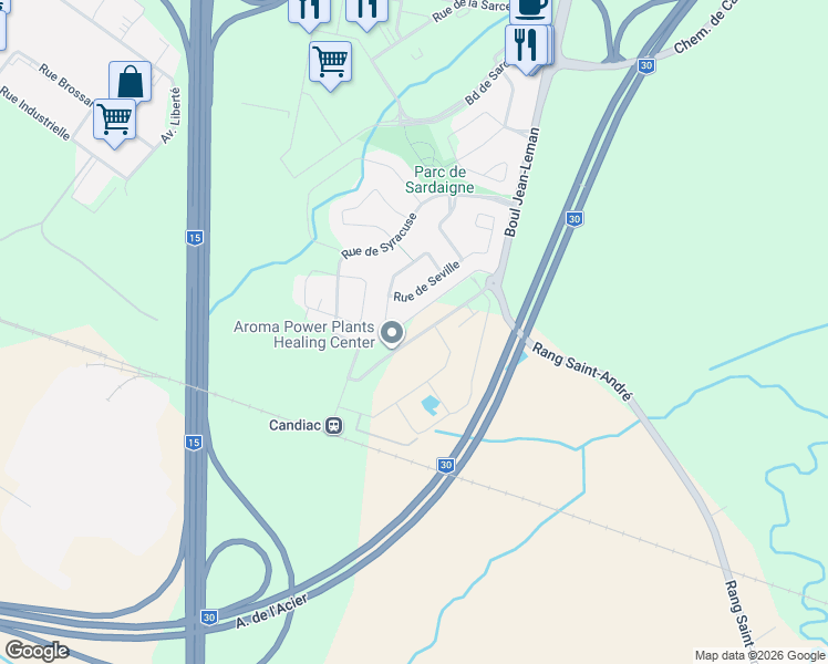 map of restaurants, bars, coffee shops, grocery stores, and more near 104 Avenue des Chênes in Candiac