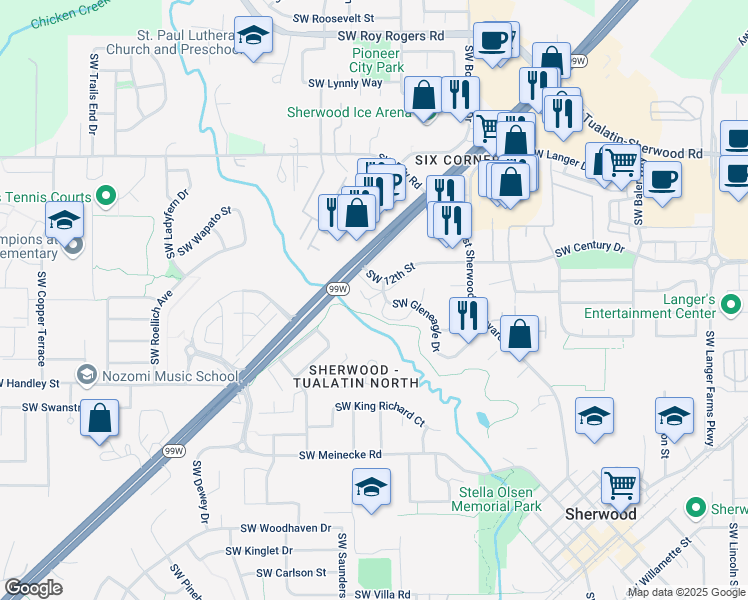 map of restaurants, bars, coffee shops, grocery stores, and more near 16840 Southwest Gleneagle Drive in Sherwood