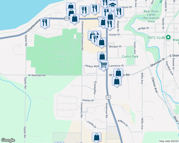 map of restaurants, bars, coffee shops, grocery stores, and more near 820 Maple Leaf Lane in Petoskey
