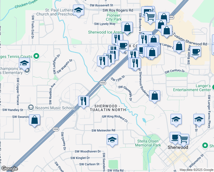 map of restaurants, bars, coffee shops, grocery stores, and more near 16840 Southwest Gleneagle Drive in Sherwood