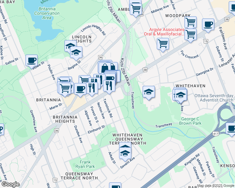 map of restaurants, bars, coffee shops, grocery stores, and more near 829 Connaught Avenue in Ottawa