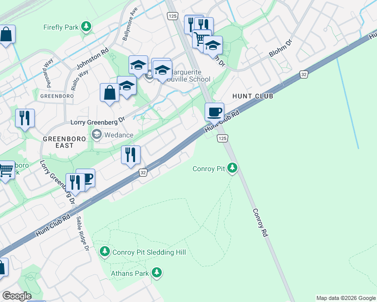 map of restaurants, bars, coffee shops, grocery stores, and more near 243 Gladeview Private in Ottawa