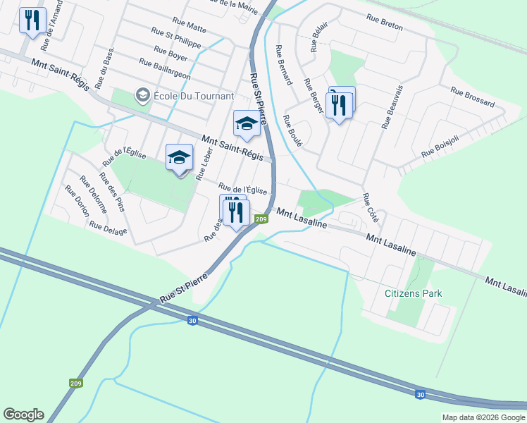 map of restaurants, bars, coffee shops, grocery stores, and more near 257 Rue Saint Pierre in Saint-Constant