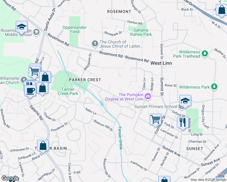 map of restaurants, bars, coffee shops, grocery stores, and more near 3945 Parker Road in West Linn