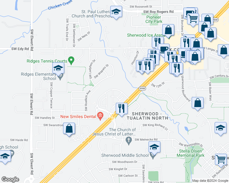map of restaurants, bars, coffee shops, grocery stores, and more near 21689 Cedar Brook Way in Sherwood