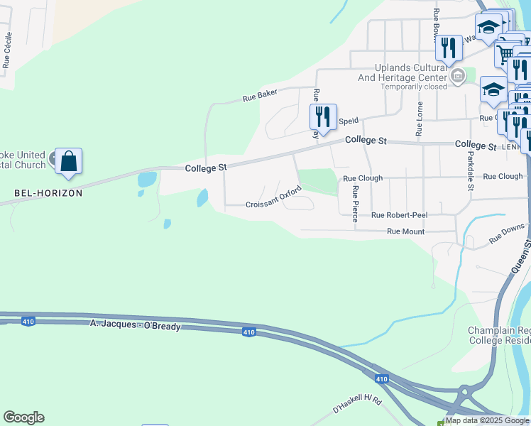 map of restaurants, bars, coffee shops, grocery stores, and more near 105 Croissant Oxford in Sherbrooke