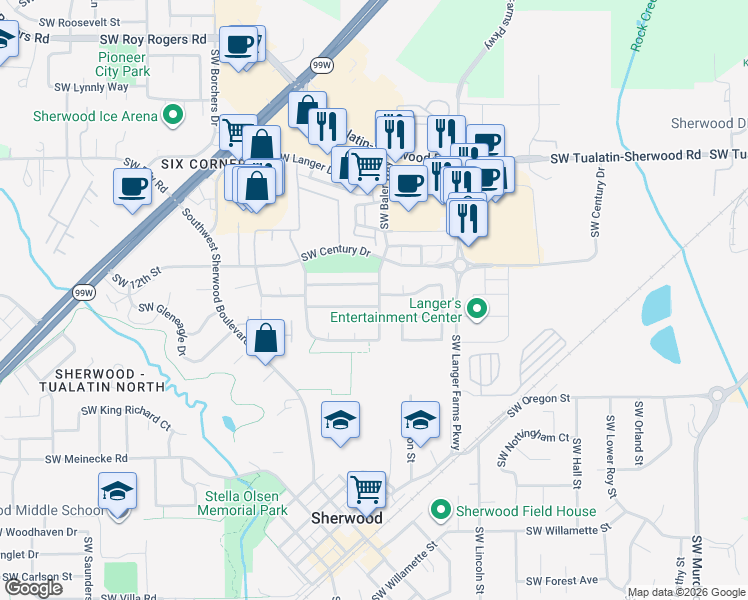 map of restaurants, bars, coffee shops, grocery stores, and more near 15793 Southwest Whetstone Way in Sherwood