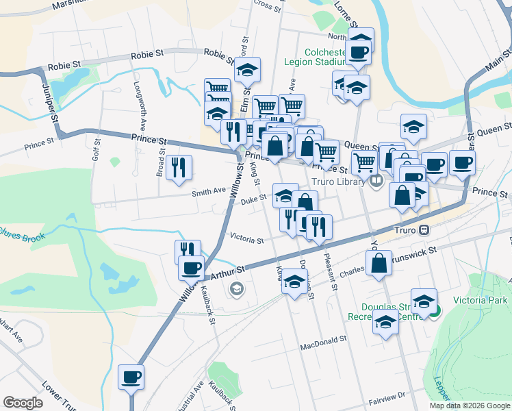 map of restaurants, bars, coffee shops, grocery stores, and more near 30 Duke Street in Truro
