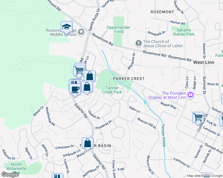map of restaurants, bars, coffee shops, grocery stores, and more near 3456 Parker Road in West Linn