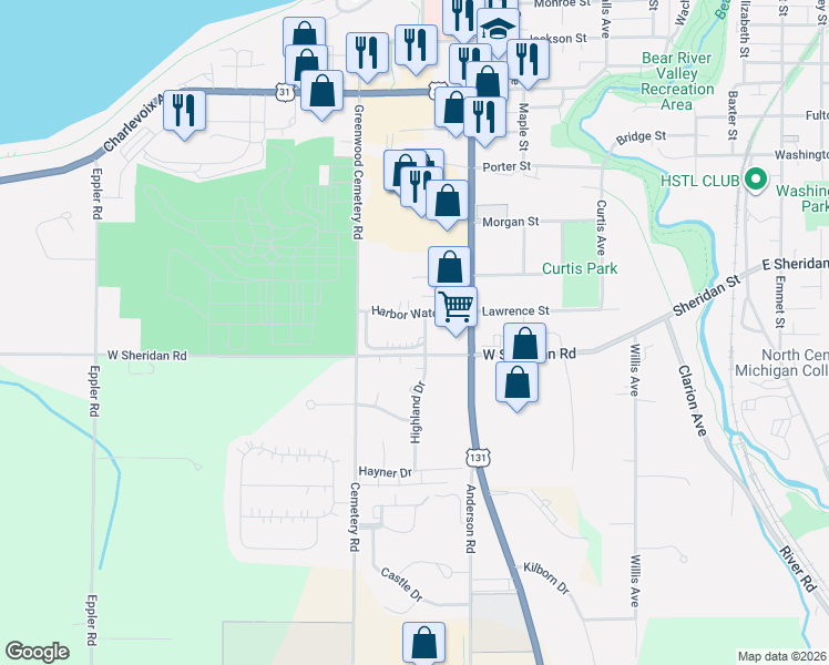 map of restaurants, bars, coffee shops, grocery stores, and more near 814 Maple Leaf Lane in Petoskey