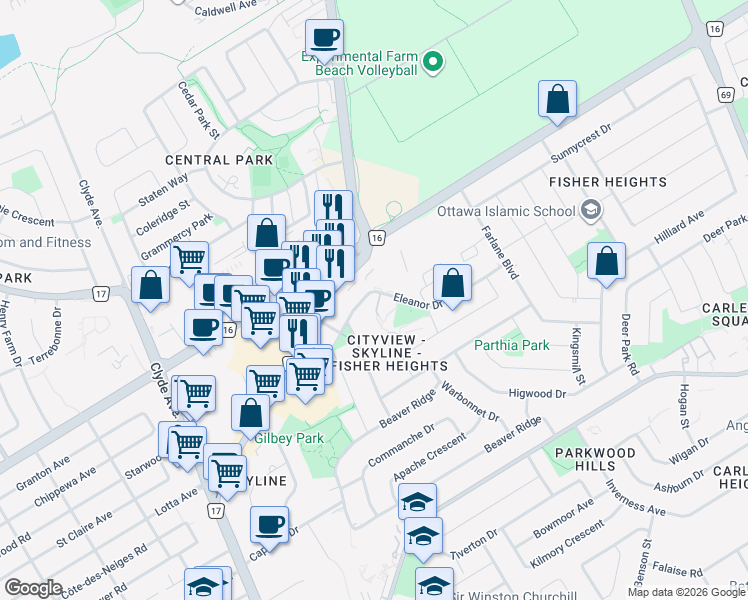 map of restaurants, bars, coffee shops, grocery stores, and more near 32 Eleanor Drive in Ottawa