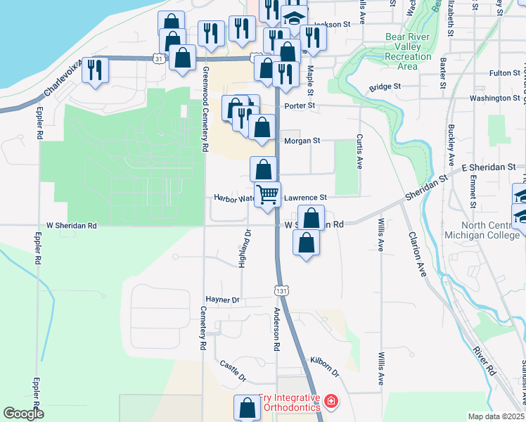 map of restaurants, bars, coffee shops, grocery stores, and more near 725 Harbor Watch Drive in Petoskey