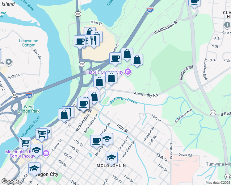 map of restaurants, bars, coffee shops, grocery stores, and more near 1624 John Adams Street in Oregon City