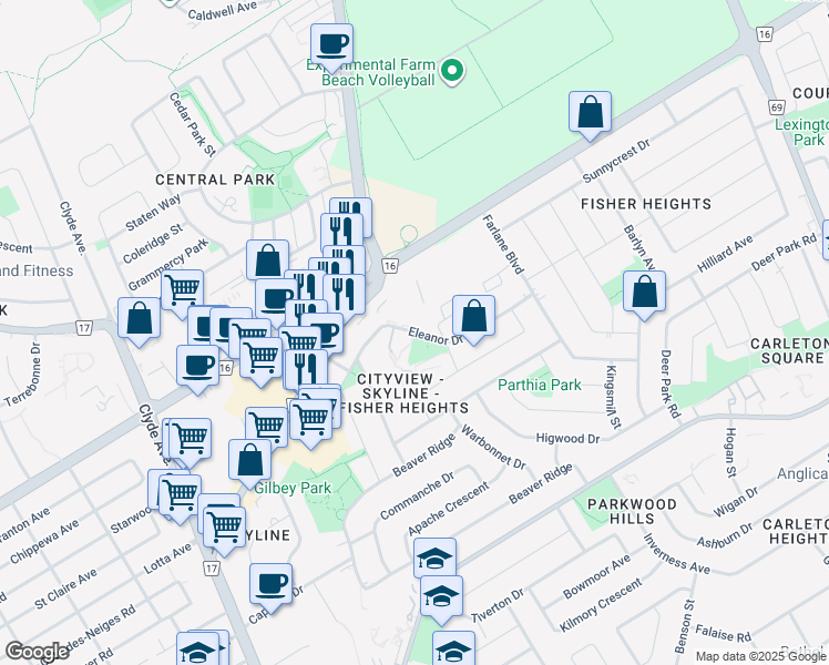 map of restaurants, bars, coffee shops, grocery stores, and more near 32 Eleanor Drive in Ottawa