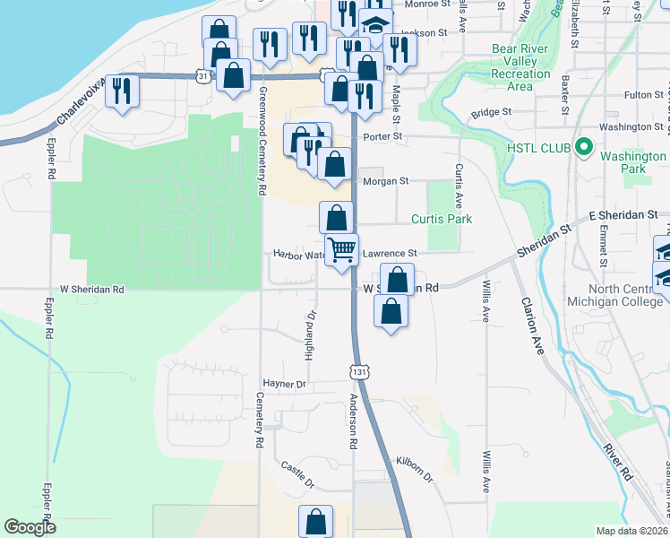 map of restaurants, bars, coffee shops, grocery stores, and more near 1300 Spring Street in Petoskey