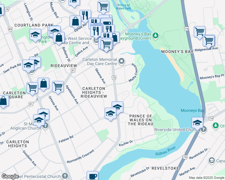 map of restaurants, bars, coffee shops, grocery stores, and more near 1576 Prince of Wales Drive in Ottawa