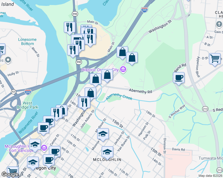 map of restaurants, bars, coffee shops, grocery stores, and more near 1624 John Adams Street in Oregon City