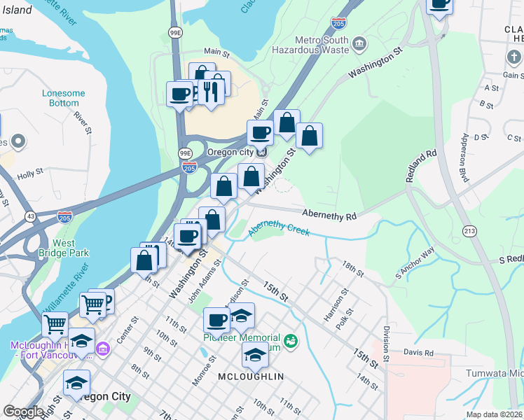 map of restaurants, bars, coffee shops, grocery stores, and more near 504 Abernethy Road in Oregon City