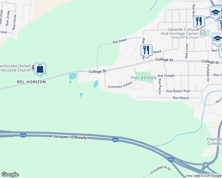 map of restaurants, bars, coffee shops, grocery stores, and more near 109 Croissant Oxford in Sherbrooke