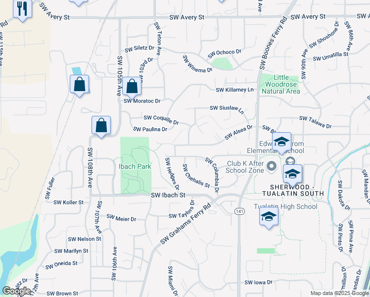 map of restaurants, bars, coffee shops, grocery stores, and more near 9968 Southwest Alsea Drive in Tualatin