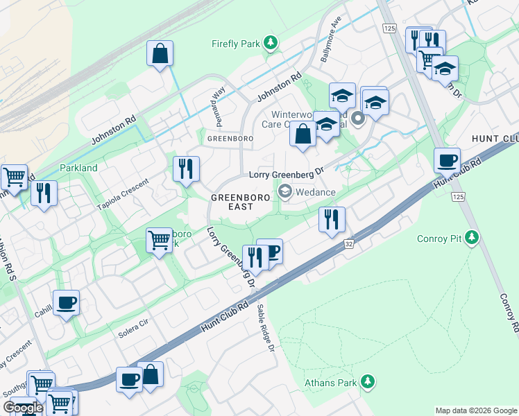 map of restaurants, bars, coffee shops, grocery stores, and more near 268 Lorry Greenberg Drive in Ottawa