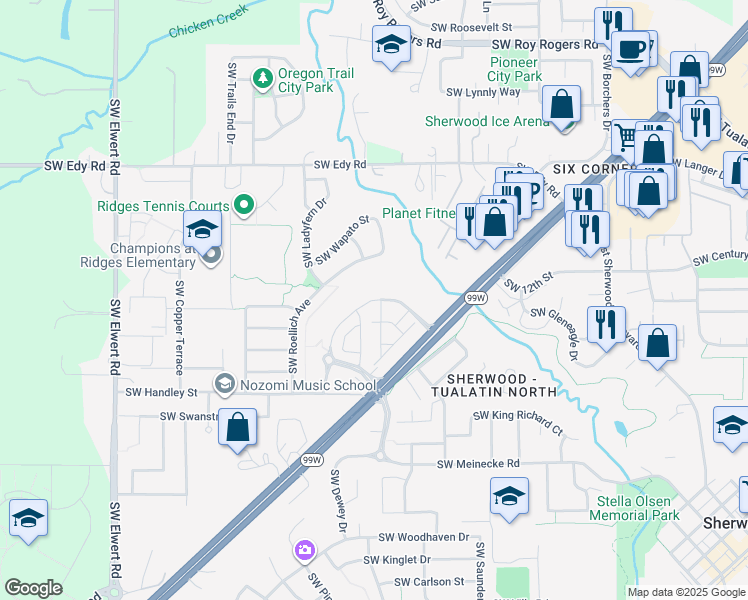 map of restaurants, bars, coffee shops, grocery stores, and more near 21655 Cedar Brook Way in Sherwood