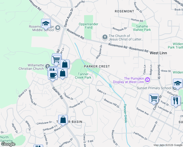 map of restaurants, bars, coffee shops, grocery stores, and more near 3731 Wild Rose Loop in West Linn