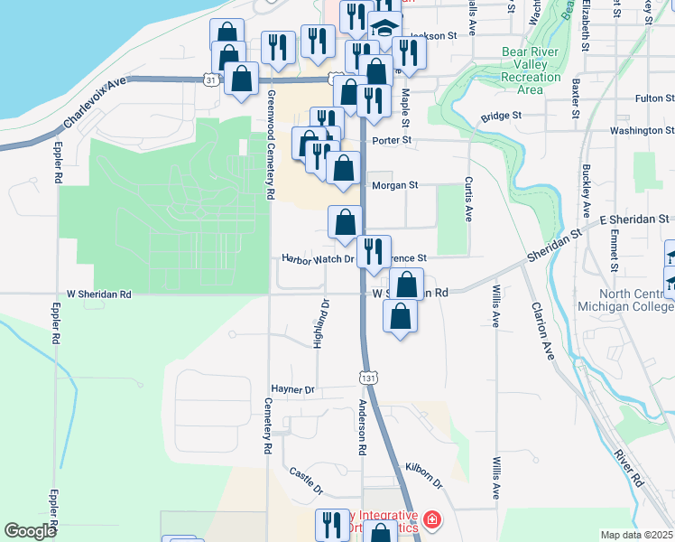 map of restaurants, bars, coffee shops, grocery stores, and more near 1300 Spring Street in Petoskey