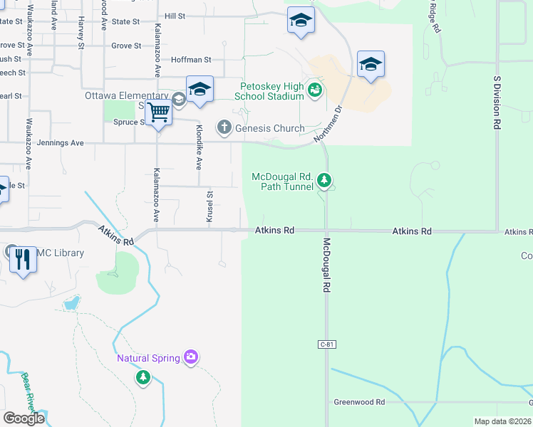 map of restaurants, bars, coffee shops, grocery stores, and more near 1515 Atkins Road in Petoskey