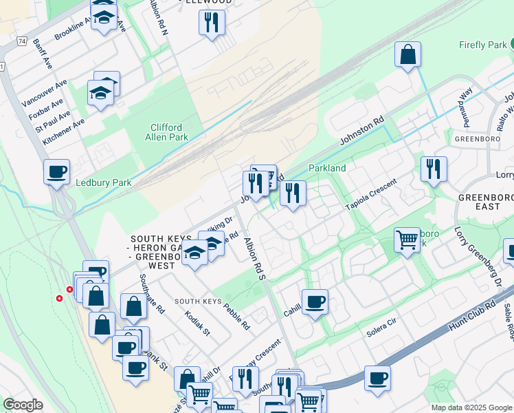 map of restaurants, bars, coffee shops, grocery stores, and more near 25 Tapiola Crescent in Ottawa