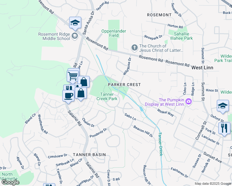 map of restaurants, bars, coffee shops, grocery stores, and more near 3743 Wild Rose Loop in West Linn