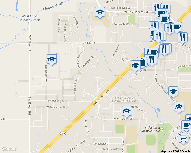 map of restaurants, bars, coffee shops, grocery stores, and more near SW Cedar Brook Way in Sherwood