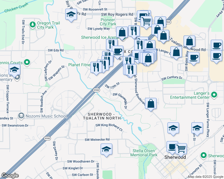 map of restaurants, bars, coffee shops, grocery stores, and more near 16771 Southwest 12th Street in Sherwood