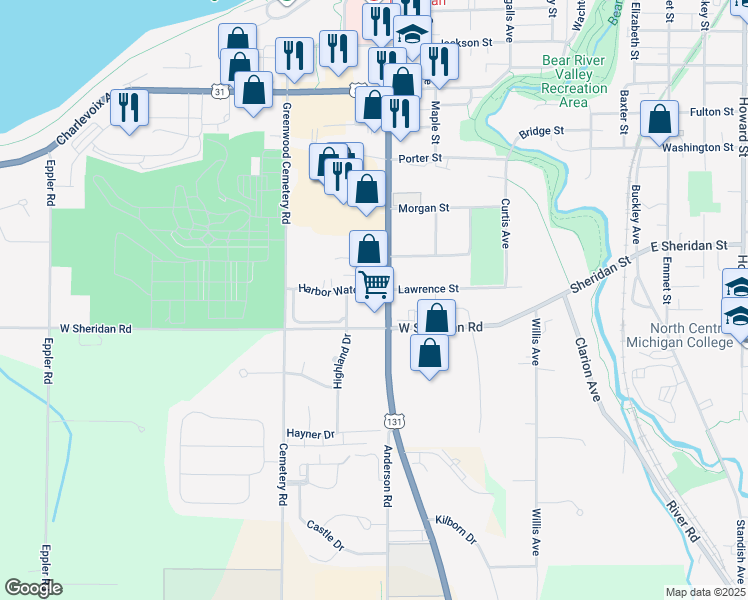 map of restaurants, bars, coffee shops, grocery stores, and more near 725 Harbor Watch Drive in Petoskey