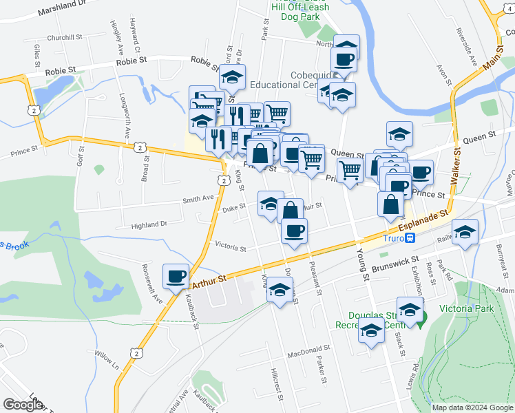 map of restaurants, bars, coffee shops, grocery stores, and more near 46 Duke Street in Truro