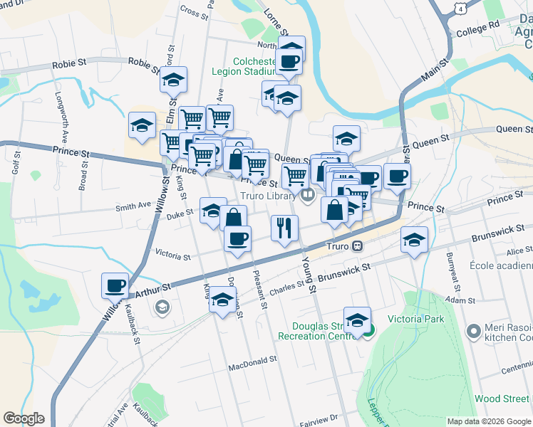 map of restaurants, bars, coffee shops, grocery stores, and more near 26 Muir Street in Truro
