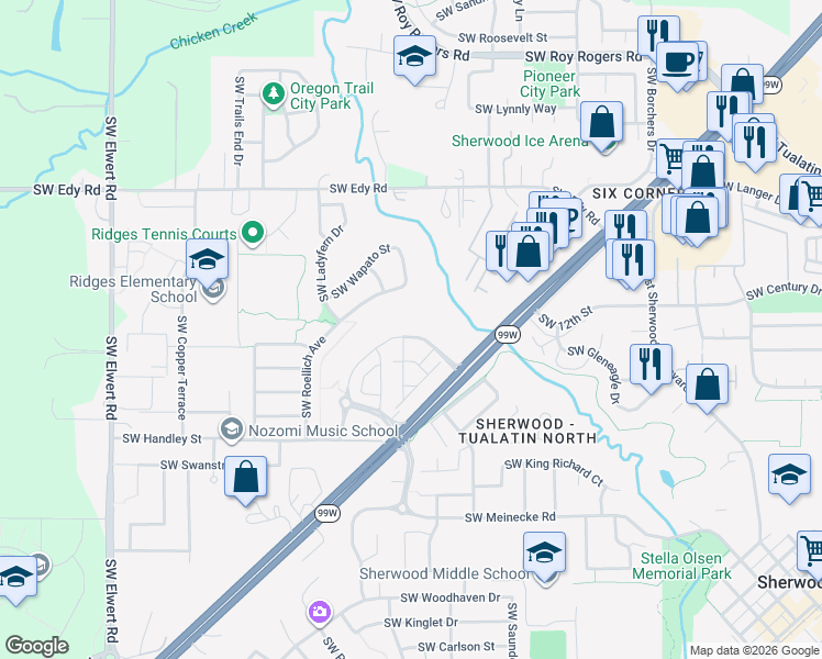 map of restaurants, bars, coffee shops, grocery stores, and more near 21616 Southwest Cedar Brook Way in Sherwood