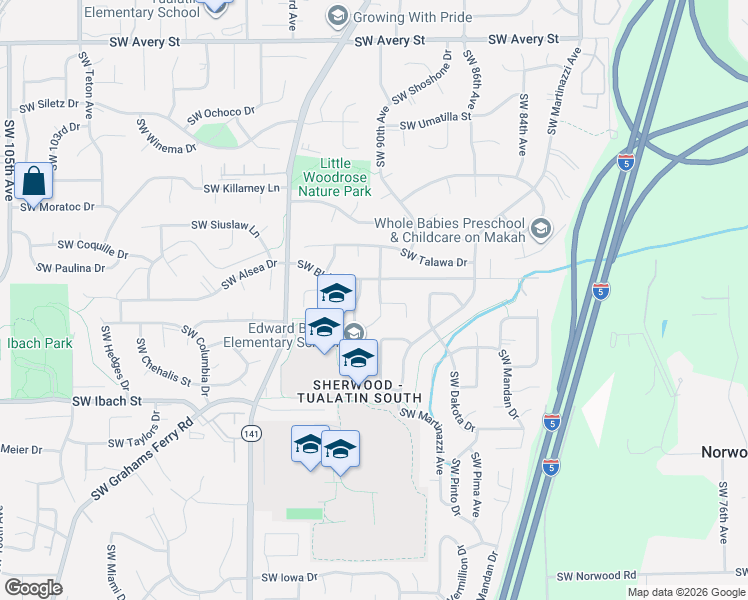 map of restaurants, bars, coffee shops, grocery stores, and more near 21419 Southwest 90th Court in Tualatin