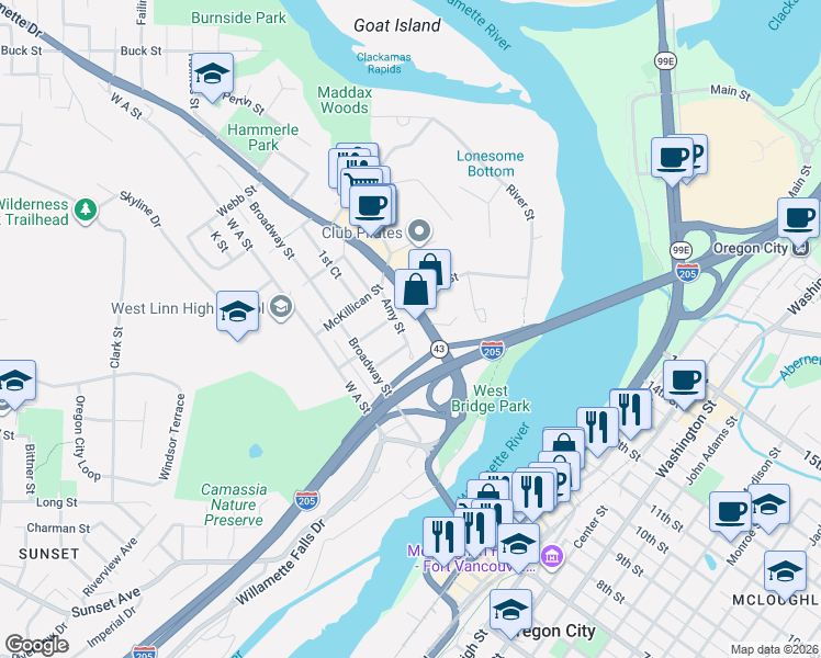 map of restaurants, bars, coffee shops, grocery stores, and more near 5479 Amy Street in West Linn