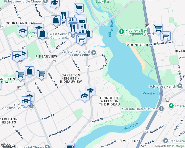map of restaurants, bars, coffee shops, grocery stores, and more near in Ottawa