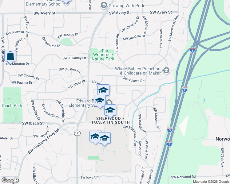 map of restaurants, bars, coffee shops, grocery stores, and more near 21419 Southwest 90th Court in Tualatin
