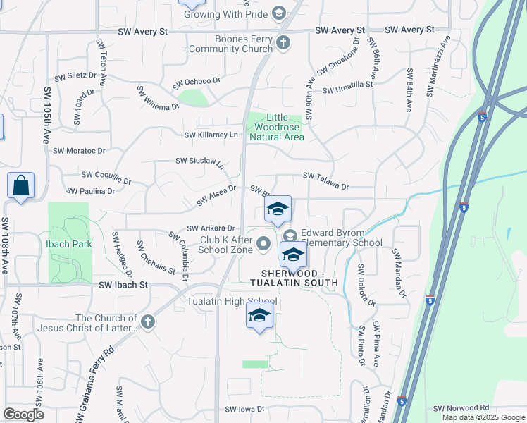 map of restaurants, bars, coffee shops, grocery stores, and more near 21450 Southwest Cayuse Court in Tualatin